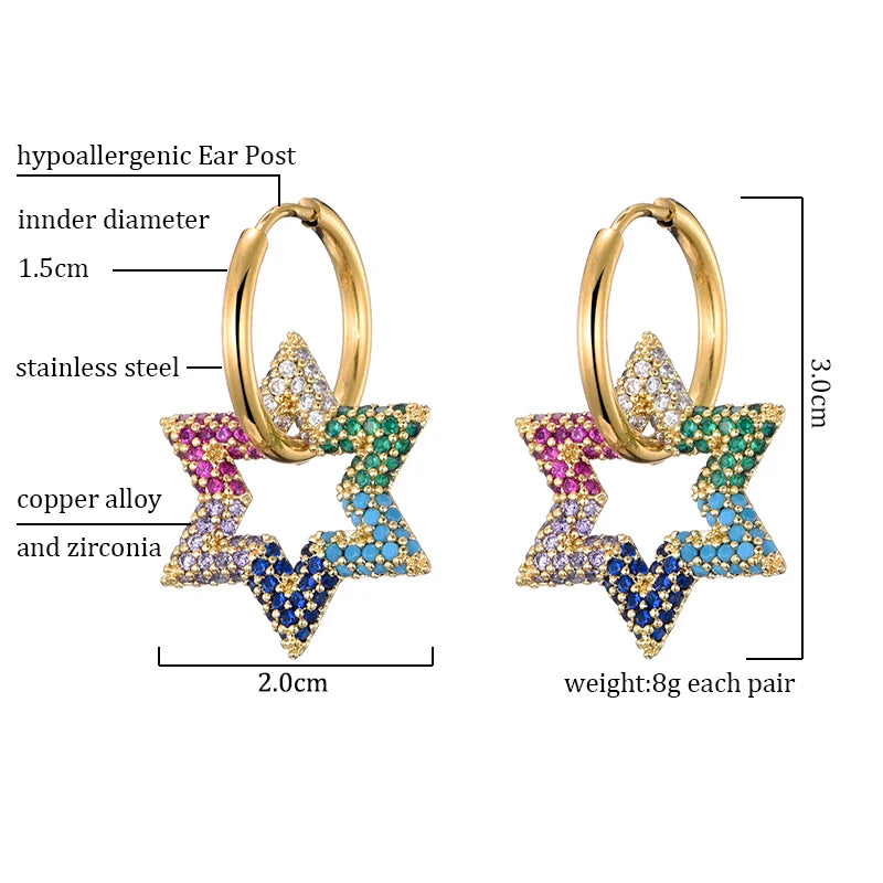 LOVBEAFAS New Star Round Stainless Steel Hoop Earrings For Women Cubic Zirconia Geometric Gold Color Wedding Elegant Jewelry