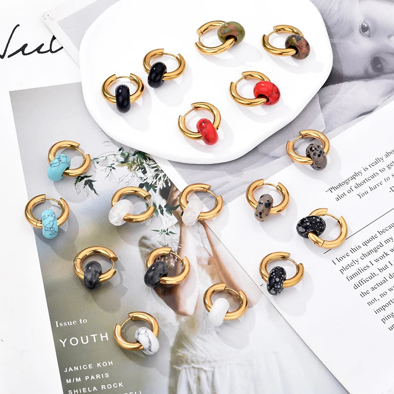 Classic Fashion Natural Stone Round Bead Hoop Earrings Woman Turquoises 3.0mm Thick Stainless Steel Ear Buckle Earrings Jewelry