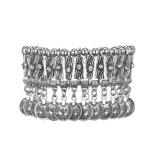Vintage Statement Coin Tassel Bracelets Bangles for Women Fashion Metal Handmade Crystal Rhinestone Adjustable Ethnic Bracelet