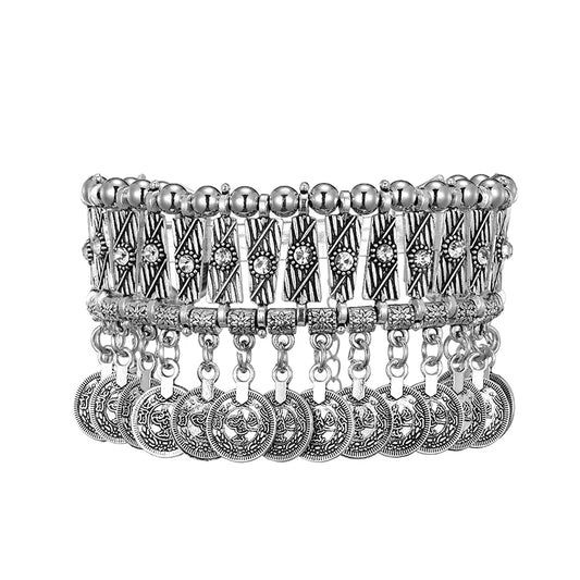 Vintage Statement Coin Tassel Bracelets Bangles for Women Fashion Metal Handmade Crystal Rhinestone Adjustable Ethnic Bracelet