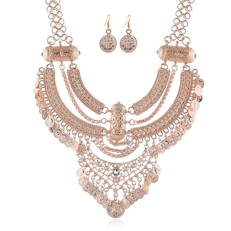 Fashion Choker Collar Jewelry Sets For Women Coin Tassel Ethnic Gypsy Bohemian Statement Collier Necklaces Drop Dangle Earrings