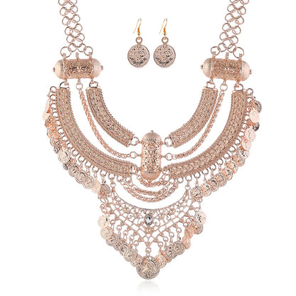 Fashion Choker Collar Jewelry Sets For Women Coin Tassel Ethnic Gypsy Bohemian Statement Collier Necklaces Drop Dangle Earrings