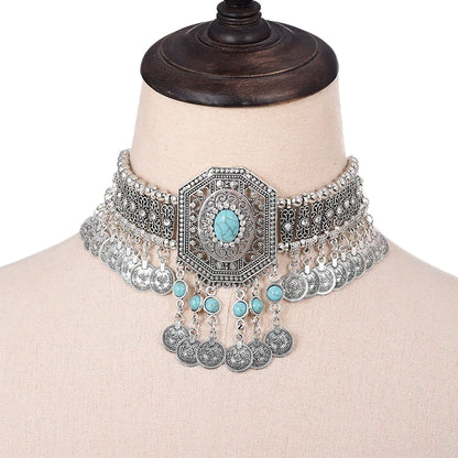 Statement Vintage Choker Necklace Women Bohemain Collares Flower Crystal Rhinestone Blue Beaded Coin Tassel Ethnic Gypsy Jewelry