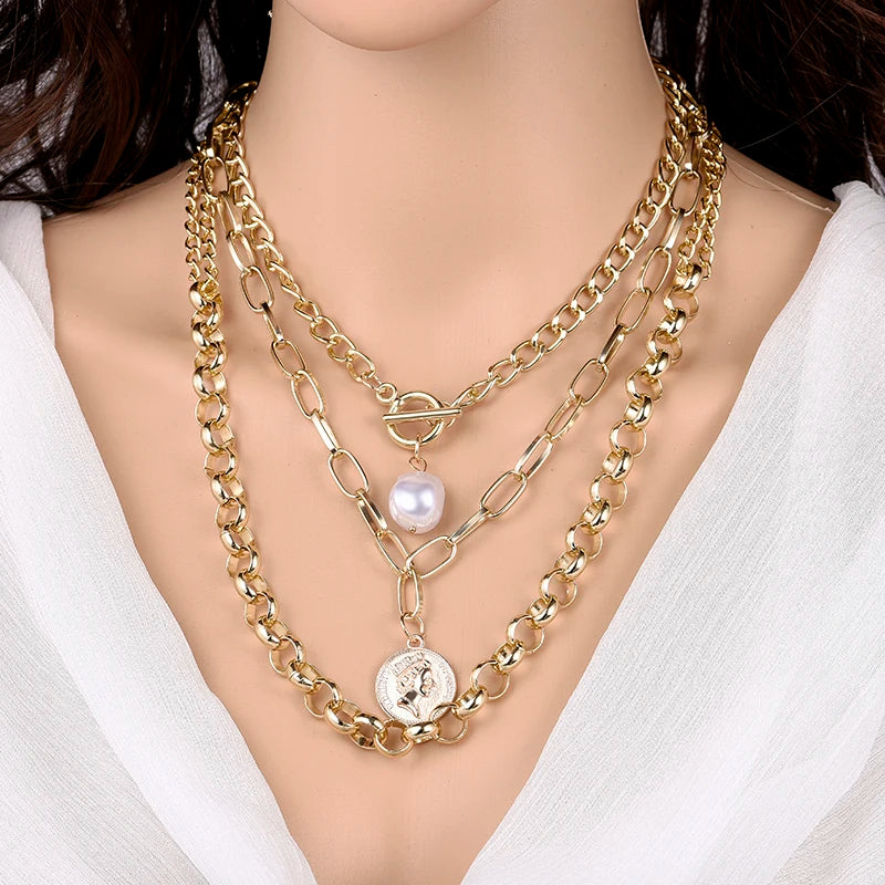 Fashion Chain Pearl Necklace For Women Baroque Pearl Metal Charm Pendant Necklaces Choker Snake Chain Jewelry Gold Silver Color