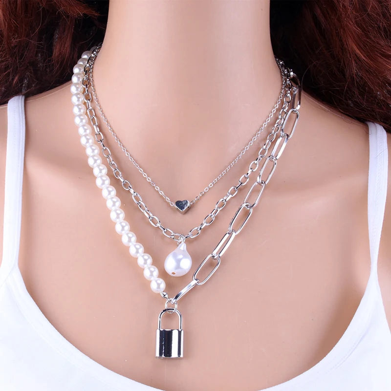 Fashion Chain Pearl Necklace For Women Baroque Pearl Metal Charm Pendant Necklaces Choker Snake Chain Jewelry Gold Silver Color