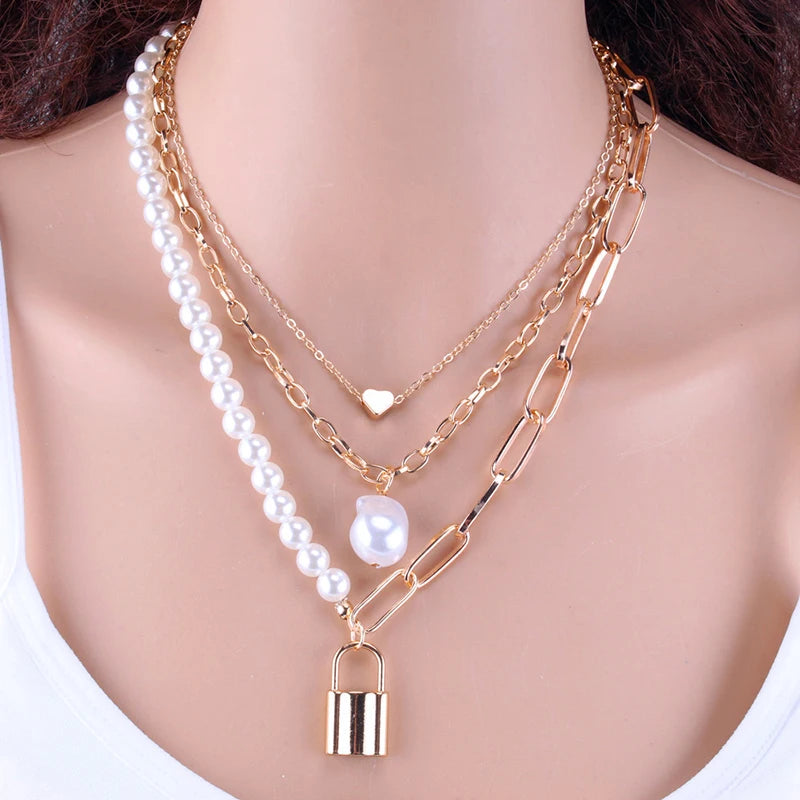 Fashion Chain Pearl Necklace For Women Baroque Pearl Metal Charm Pendant Necklaces Choker Snake Chain Jewelry Gold Silver Color