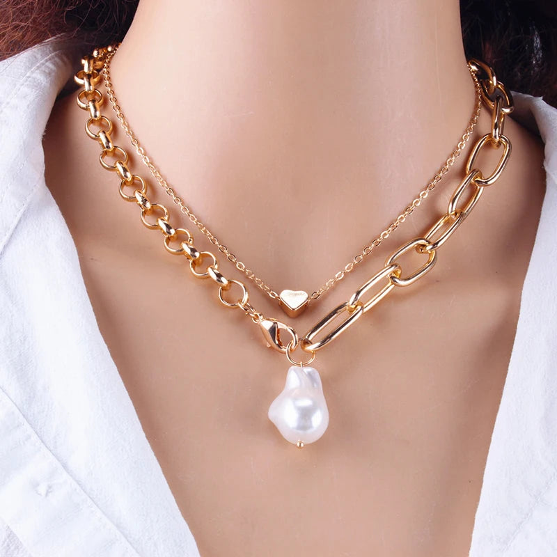 Fashion Chain Pearl Necklace For Women Baroque Pearl Metal Charm Pendant Necklaces Choker Snake Chain Jewelry Gold Silver Color