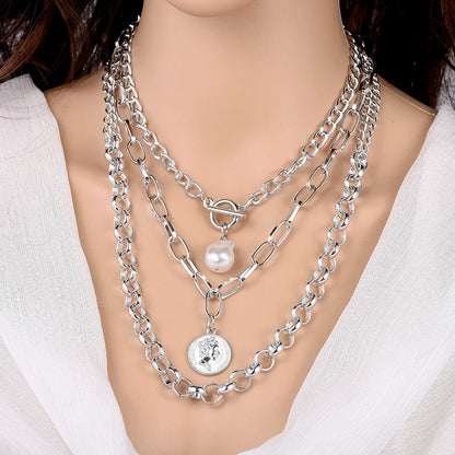 Fashion Chain Pearl Necklace For Women Baroque Pearl Metal Charm Pendant Necklaces Choker Snake Chain Jewelry Gold Silver Color