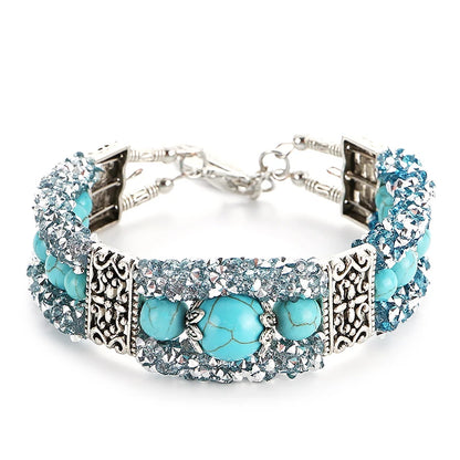 Boho Vintage Crystal Blue Stone Beads Handmade Bracelet for Women Tibetan Silver Bohemain Feather Charm Bracelet Bangle Jewelry