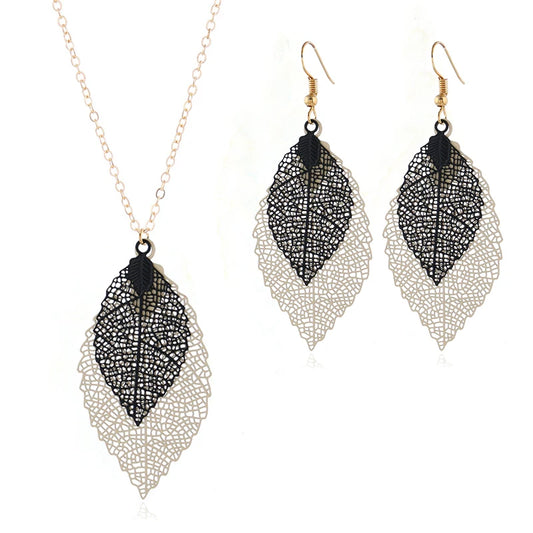 Colorful Double Leaf Jewelry Sets for Women Hollow Geometric Delicate Vintage Boho Long Necklace Pendant Drop Dangle Earrings