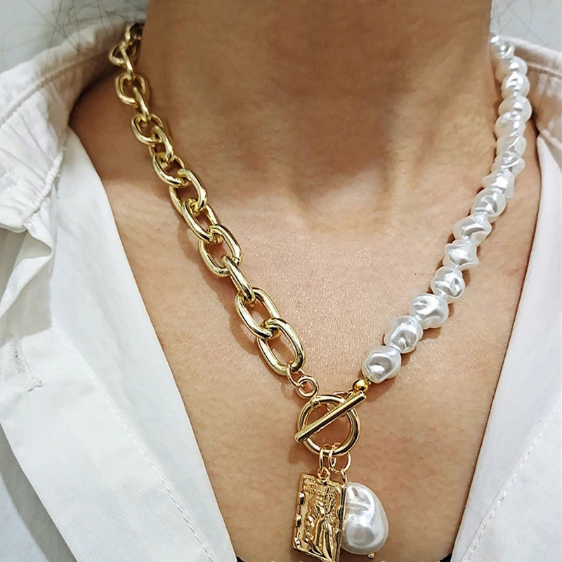 Fashion Chain Pearl Necklace For Women Baroque Pearl Metal Charm Pendant Necklaces Choker Snake Chain Jewelry Gold Silver Color