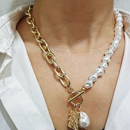 Fashion Chain Pearl Necklace For Women Baroque Pearl Metal Charm Pendant Necklaces Choker Snake Chain Jewelry Gold Silver Color