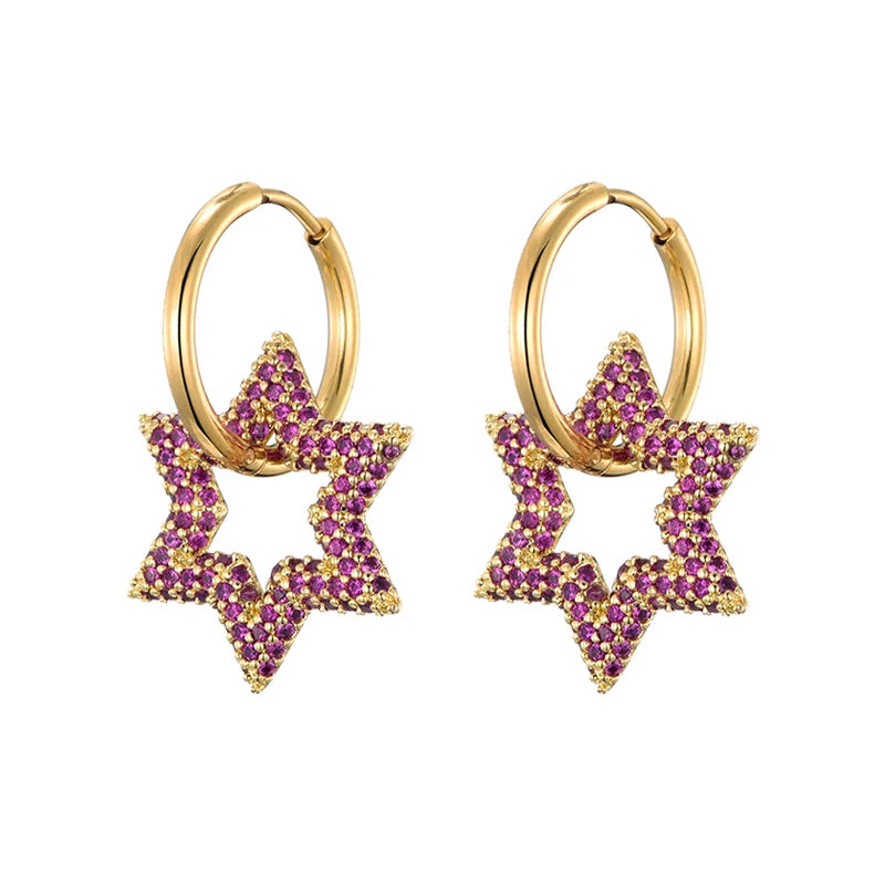 LOVBEAFAS New Star Round Stainless Steel Hoop Earrings For Women Cubic Zirconia Geometric Gold Color Wedding Elegant Jewelry
