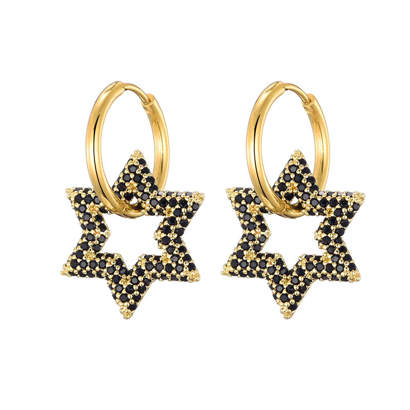 LOVBEAFAS New Star Round Stainless Steel Hoop Earrings For Women Cubic Zirconia Geometric Gold Color Wedding Elegant Jewelry