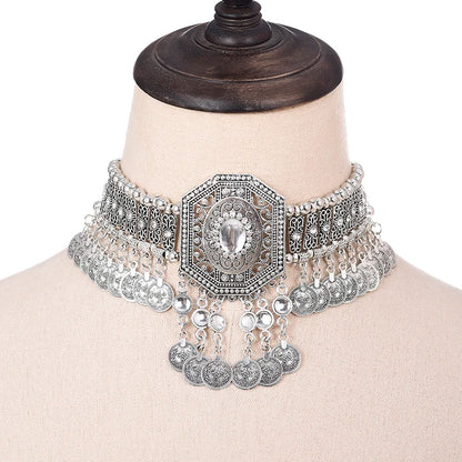 Statement Vintage Choker Necklace Women Bohemain Collares Flower Crystal Rhinestone Blue Beaded Coin Tassel Ethnic Gypsy Jewelry