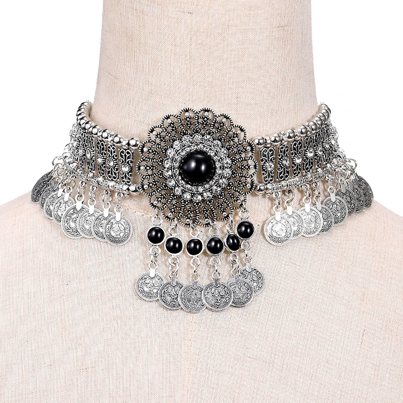 Statement Vintage Choker Necklace Women Bohemain Collares Flower Crystal Rhinestone Blue Beaded Coin Tassel Ethnic Gypsy Jewelry