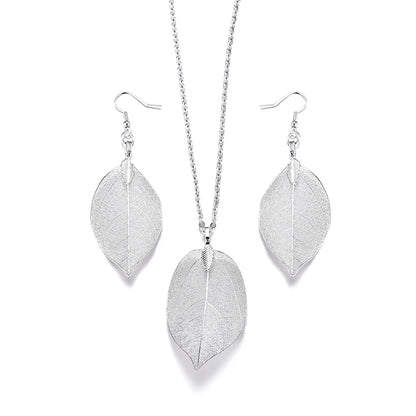 Unique Filigree Wedding Earrings for Women Gold Silver Color Natural Real Leaf Earrings Chain Long Necklace Jewelry Set Gift