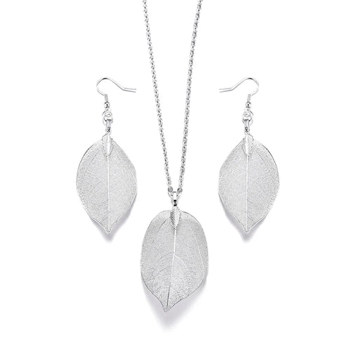 Unique Filigree Wedding Earrings for Women Gold Silver Color Natural Real Leaf Earrings Chain Long Necklace Jewelry Set Gift