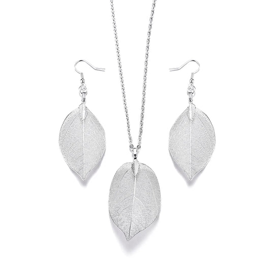 Unique Filigree Wedding Earrings for Women Gold Silver Color Natural Real Leaf Earrings Chain Long Necklace Jewelry Set Gift