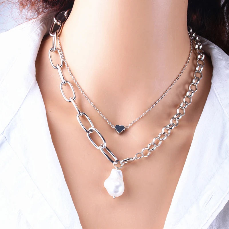 Fashion Chain Pearl Necklace For Women Baroque Pearl Metal Charm Pendant Necklaces Choker Snake Chain Jewelry Gold Silver Color