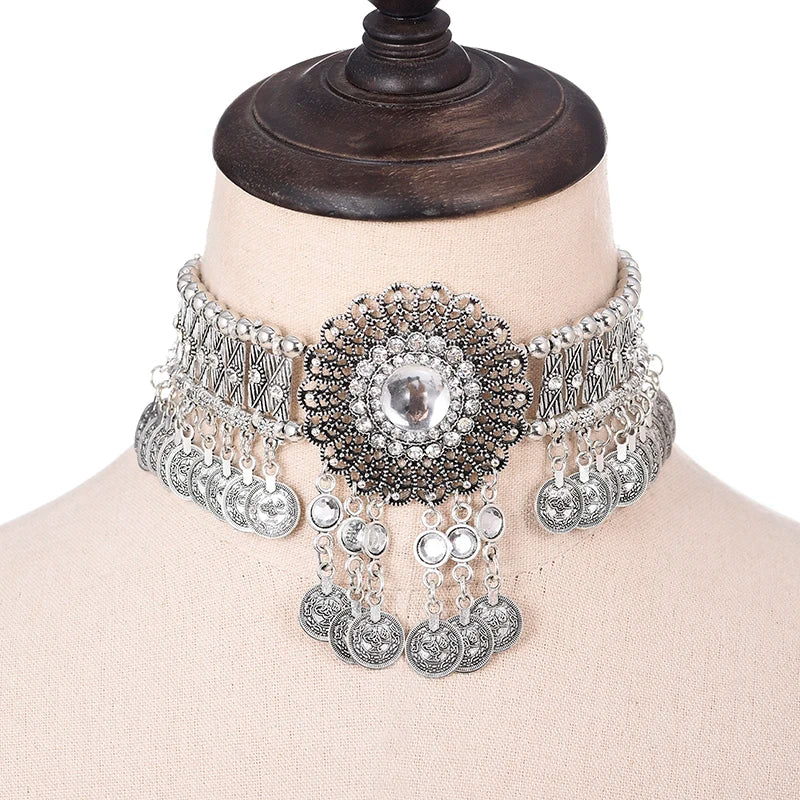 Statement Vintage Choker Necklace Women Bohemain Collares Flower Crystal Rhinestone Blue Beaded Coin Tassel Ethnic Gypsy Jewelry