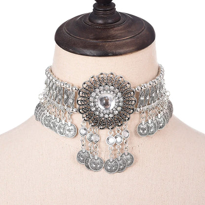 Statement Vintage Choker Necklace Women Bohemain Collares Flower Crystal Rhinestone Blue Beaded Coin Tassel Ethnic Gypsy Jewelry