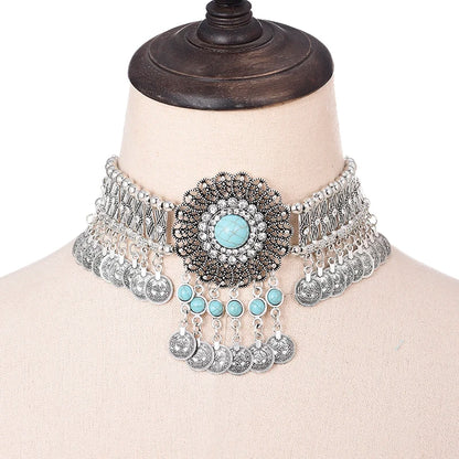 Statement Vintage Choker Necklace Women Bohemain Collares Flower Crystal Rhinestone Blue Beaded Coin Tassel Ethnic Gypsy Jewelry