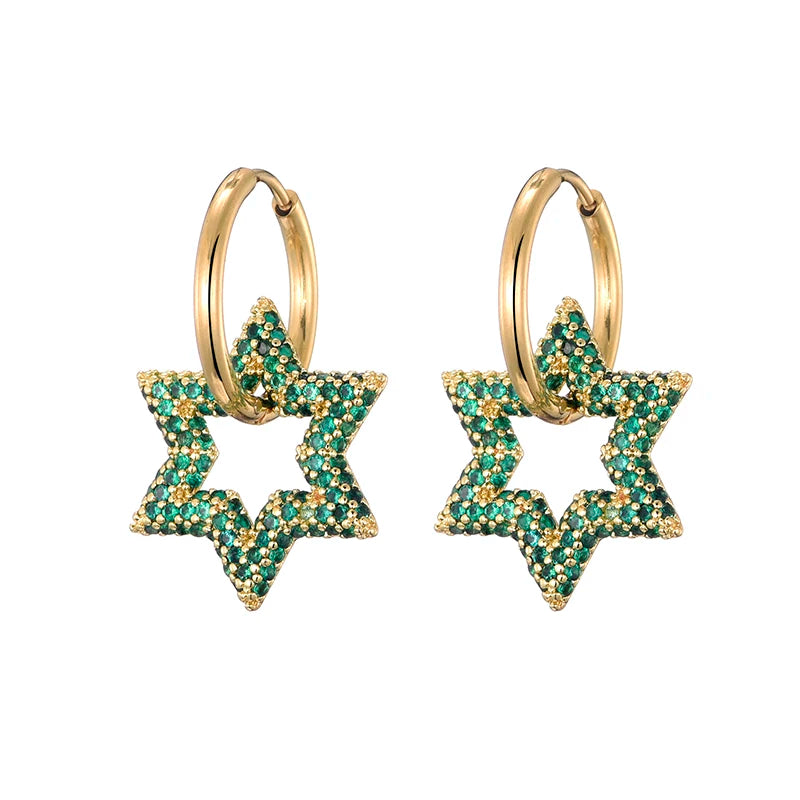 LOVBEAFAS New Star Round Stainless Steel Hoop Earrings For Women Cubic Zirconia Geometric Gold Color Wedding Elegant Jewelry