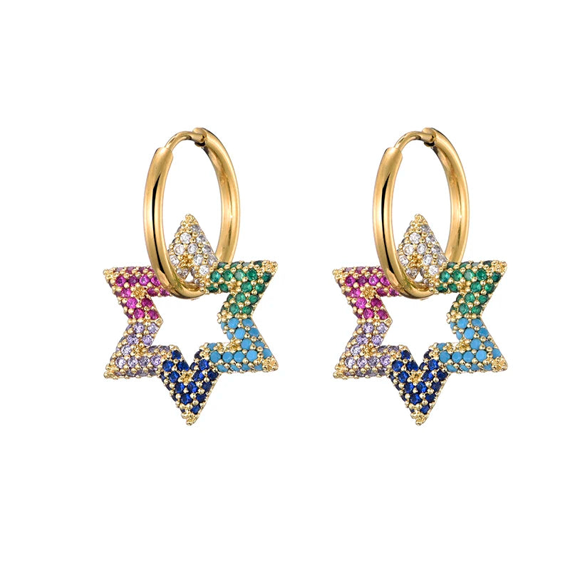 LOVBEAFAS New Star Round Stainless Steel Hoop Earrings For Women Cubic Zirconia Geometric Gold Color Wedding Elegant Jewelry