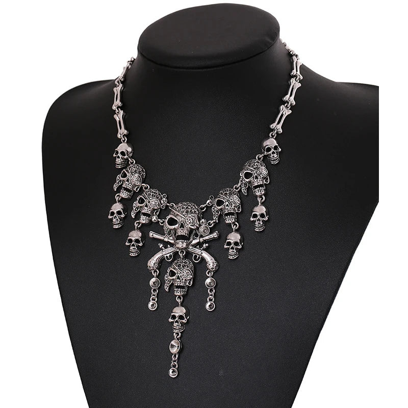 Classic Vintage Pirate Skeleton Skull Choker Necklace Pendant For Women Men Retro Rhinestone Biker Gothic Punk Party Jewelry