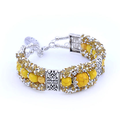 Boho Vintage Crystal Blue Stone Beads Handmade Bracelet for Women Tibetan Silver Bohemain Feather Charm Bracelet Bangle Jewelry