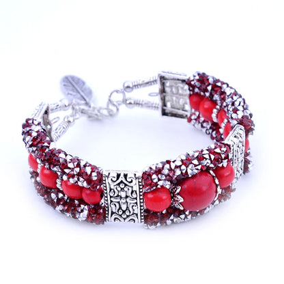 Boho Vintage Crystal Blue Stone Beads Handmade Bracelet for Women Tibetan Silver Bohemain Feather Charm Bracelet Bangle Jewelry