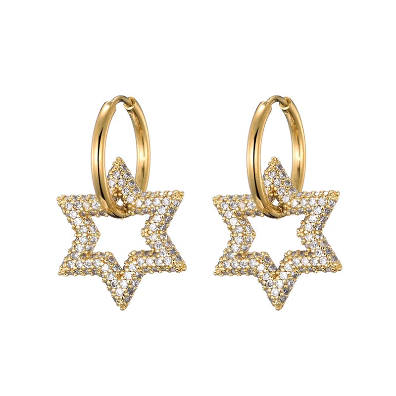 LOVBEAFAS New Star Round Stainless Steel Hoop Earrings For Women Cubic Zirconia Geometric Gold Color Wedding Elegant Jewelry