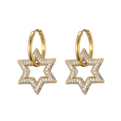 LOVBEAFAS New Star Round Stainless Steel Hoop Earrings For Women Cubic Zirconia Geometric Gold Color Wedding Elegant Jewelry