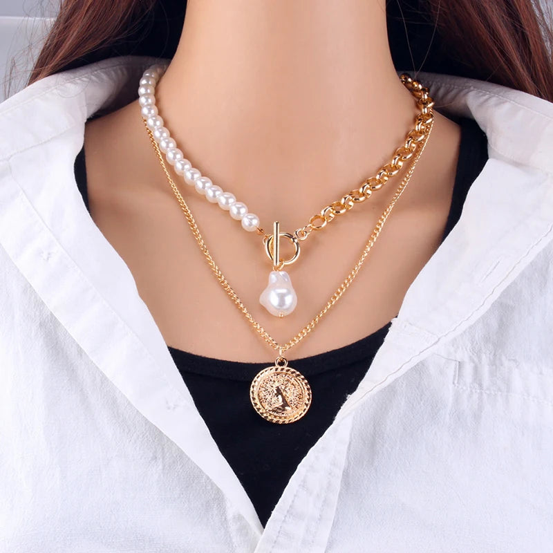 Fashion Chain Pearl Necklace For Women Baroque Pearl Metal Charm Pendant Necklaces Choker Snake Chain Jewelry Gold Silver Color