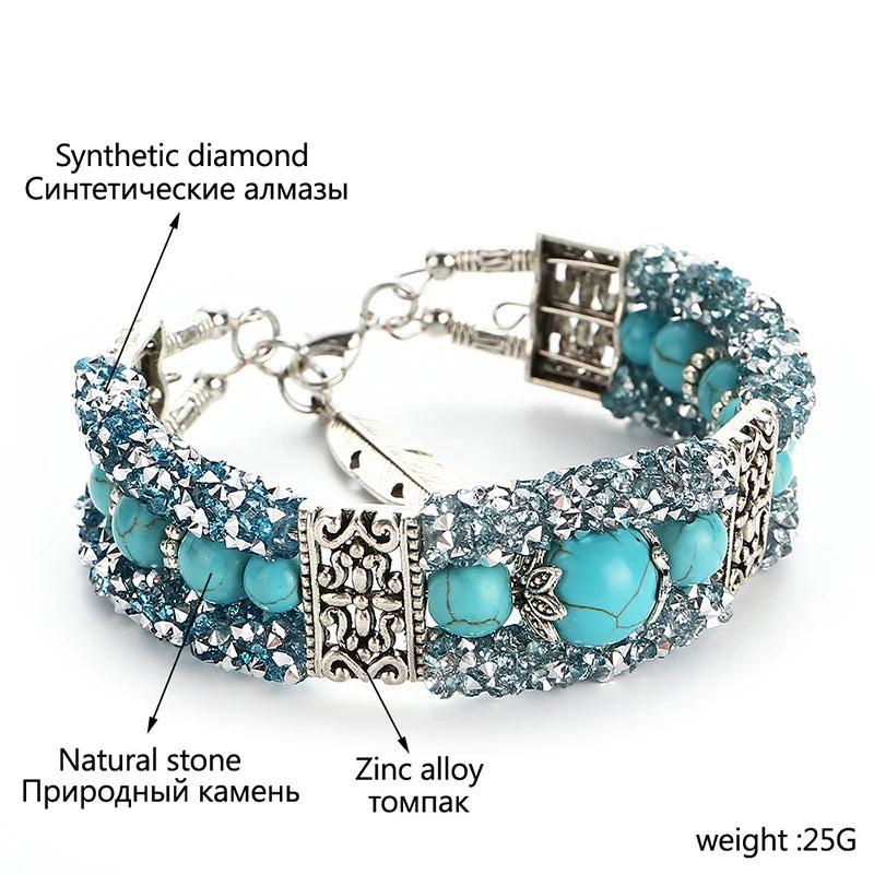 Boho Vintage Crystal Blue Stone Beads Handmade Bracelet for Women Tibetan Silver Bohemain Feather Charm Bracelet Bangle Jewelry