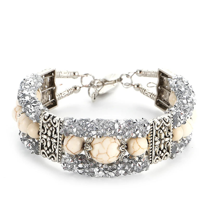 Boho Vintage Crystal Blue Stone Beads Handmade Bracelet for Women Tibetan Silver Bohemain Feather Charm Bracelet Bangle Jewelry