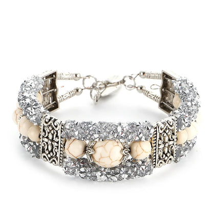 Boho Vintage Crystal Blue Stone Beads Handmade Bracelet for Women Tibetan Silver Bohemain Feather Charm Bracelet Bangle Jewelry