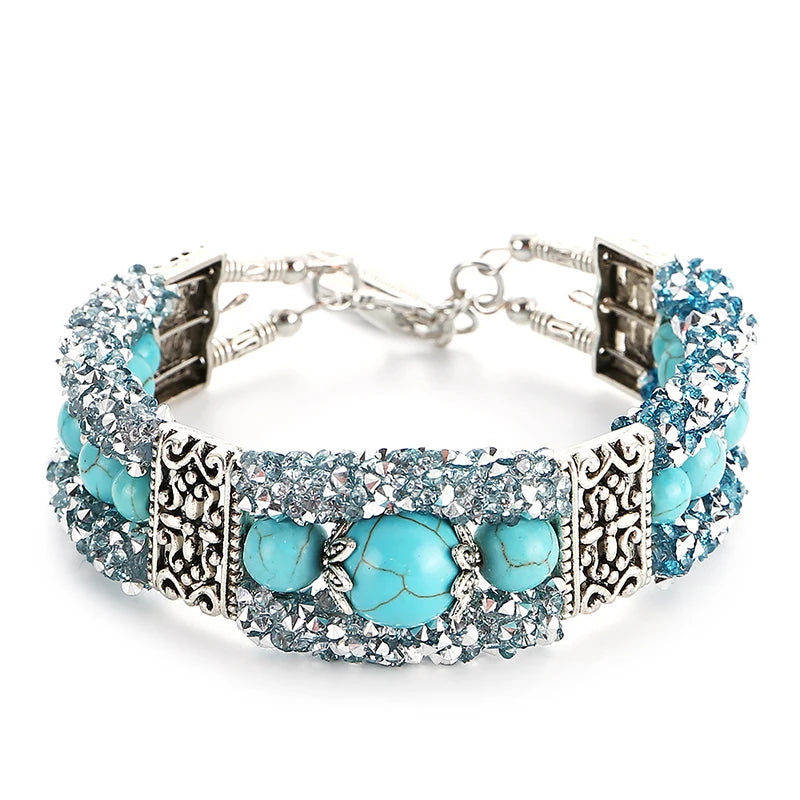 Boho Vintage Crystal Blue Stone Beads Handmade Bracelet for Women Tibetan Silver Bohemain Feather Charm Bracelet Bangle Jewelry