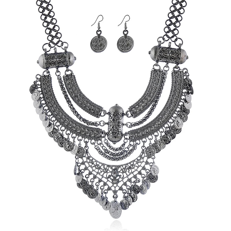 Fashion Choker Collar Jewelry Sets For Women Coin Tassel Ethnic Gypsy Bohemian Statement Collier Necklaces Drop Dangle Earrings
