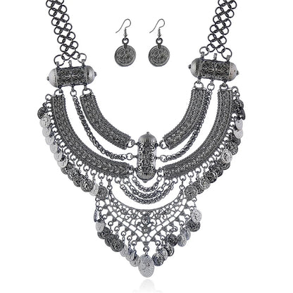 Fashion Choker Collar Jewelry Sets For Women Coin Tassel Ethnic Gypsy Bohemian Statement Collier Necklaces Drop Dangle Earrings