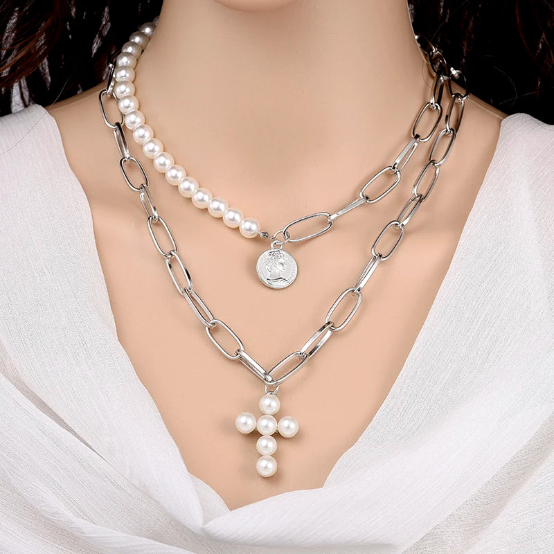 Fashion Chain Pearl Necklace For Women Baroque Pearl Metal Charm Pendant Necklaces Choker Snake Chain Jewelry Gold Silver Color