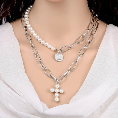 Fashion Chain Pearl Necklace For Women Baroque Pearl Metal Charm Pendant Necklaces Choker Snake Chain Jewelry Gold Silver Color