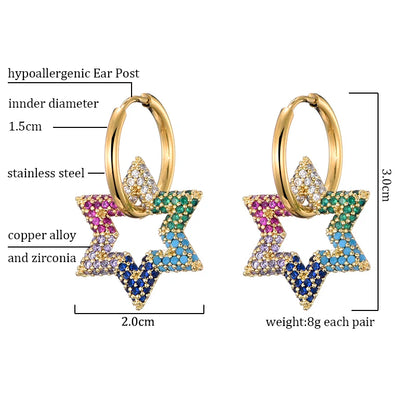 LOVBEAFAS New Star Round Stainless Steel Hoop Earrings For Women Cubic Zirconia Geometric Gold Color Wedding Elegant Jewelry