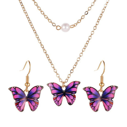 Fashion Choker Chain Pearl Necklace Earrings Sets for Women Jewelry Cute Colorful Butterfly Gold Color Chain Vintage Jewellery