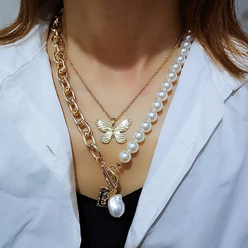 Fashion Chain Pearl Necklace For Women Baroque Pearl Metal Charm Pendant Necklaces Choker Snake Chain Jewelry Gold Silver Color