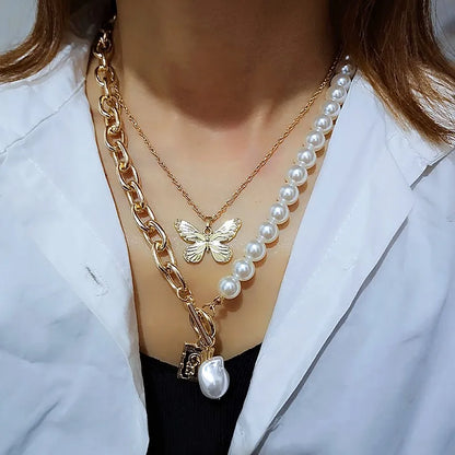 Fashion Chain Pearl Necklace For Women Baroque Pearl Metal Charm Pendant Necklaces Choker Snake Chain Jewelry Gold Silver Color