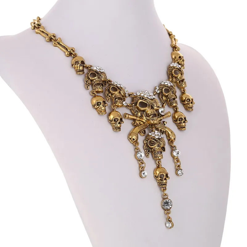 Classic Vintage Pirate Skeleton Skull Choker Necklace Pendant For Women Men Retro Rhinestone Biker Gothic Punk Party Jewelry
