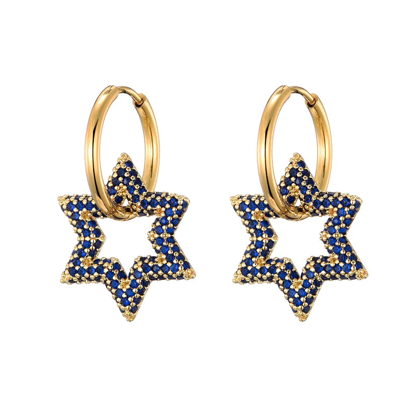 LOVBEAFAS New Star Round Stainless Steel Hoop Earrings For Women Cubic Zirconia Geometric Gold Color Wedding Elegant Jewelry