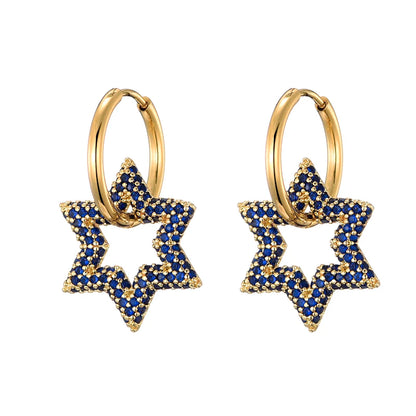 LOVBEAFAS New Star Round Stainless Steel Hoop Earrings For Women Cubic Zirconia Geometric Gold Color Wedding Elegant Jewelry